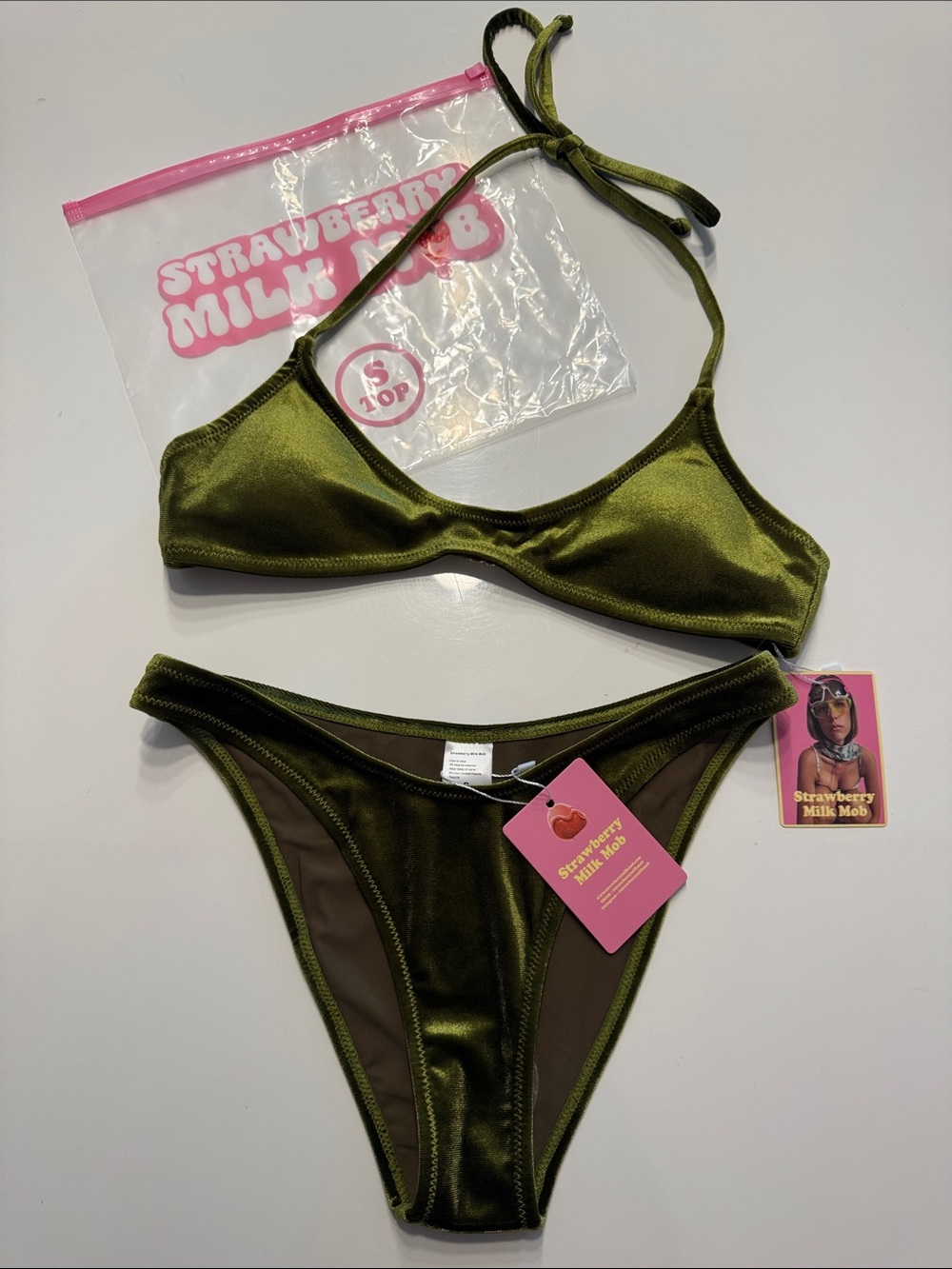 Strawberry Milk Mob Olive Velvet Bikini Set